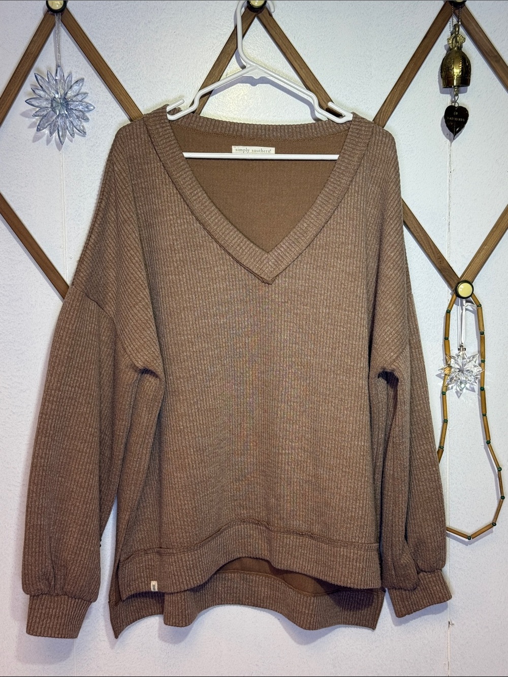 Simply Southern Brown Ribbed V-Neck Sweater